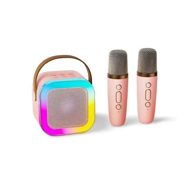 Set karaoke pentru copii, SuooTci, 2 microfoane wireless, conectivitate Bluetooth, roz