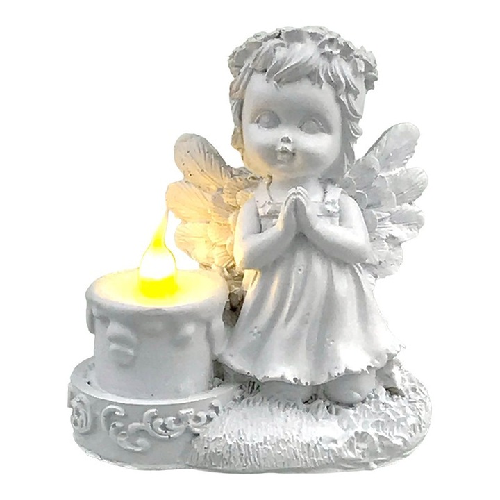 Angyal imadekorációban gyertyával, 9x10 cm, gyanta, fehér