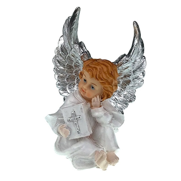 Gyanta dekoráció, angyal imakönyvvel a kezében, 12x18 cm, fehér, M2