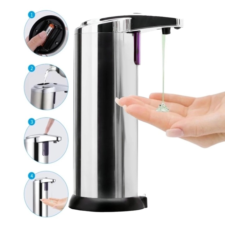 Dozator automat sapun lichid YANYXR, inox, senzor miscare, 8.5x9.5x19.2cm, argintiu