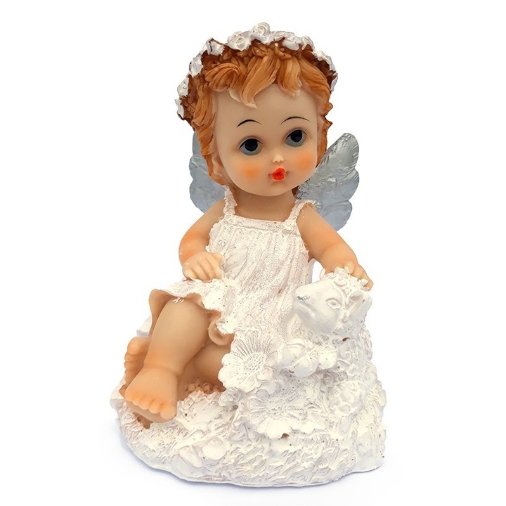 Set 2 ingerasi decorativi, din rasina, cu mielut si flori, 14 cm
