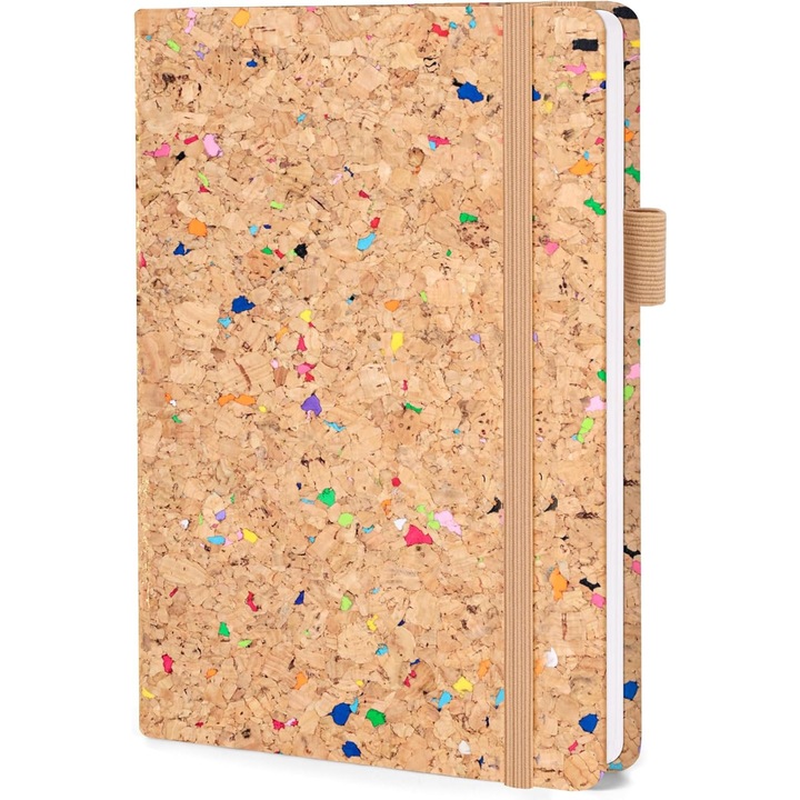 Agenda nedatata Delpi, Format A5, Dictando, Coperta din pluta, 80 file, Inchidere cu elastic, Suport pix, Maro/Multicolor