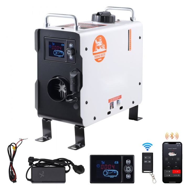 Dízel légfűtő, 12V/24V, 2kW, Bluetooth alkalmazással, távirányítóval, szén-monoxid-riasztóval