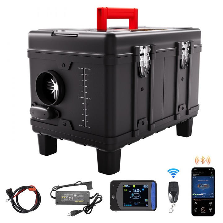 Dízel fűtőberendezés, 12V/24V, 8kW, Bluetooth alkalmazásvezérlés, távirányítóval, dízel üzemmód