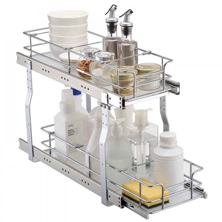 Organizator sertar dulap, model extensibil, 2 niveluri, pozitionare sub chiuveta, dimensiuni 215x533x385mm