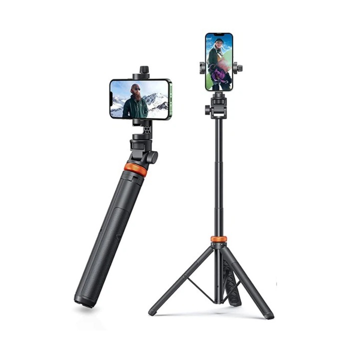 Trepied foto 2 in 1 pentru telefon, BondGrup®, camera si GoPro, telescopic cu telecomanda si husa, Negru