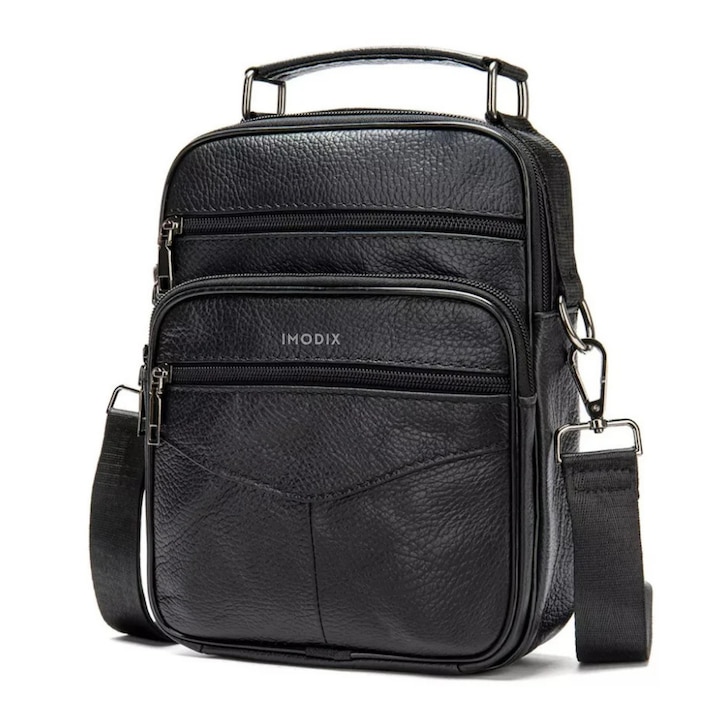 Borseta Barbati De Umar Din Piele Naturala, IMODIX, 6 Compartimente, Curea Ajustabila, 25x19x6 cm, 6042, Neagra