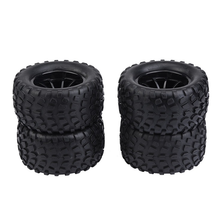 Set 4 roti cauciuc pentru camion off-road 1/10, Enforose, design anti-derapant, dimensiuni 125x70mm, negru