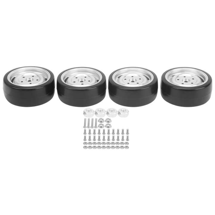 Комплект 4 RC дрифт гуми 63мм, Enforose, алуминий + гума, сребристи, за RC камион WPL D12