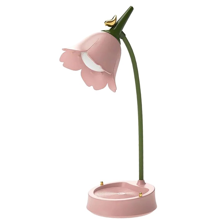 Lampa de birou LED ZYBLSSBB LSM2xh12068-BCS0016923-1, design floare, flexibila cu gat reglabil 360°, luminozitate si temperatura de culoare reglabile, incarcare USB 1200mAh, suport telefon, roz/verde