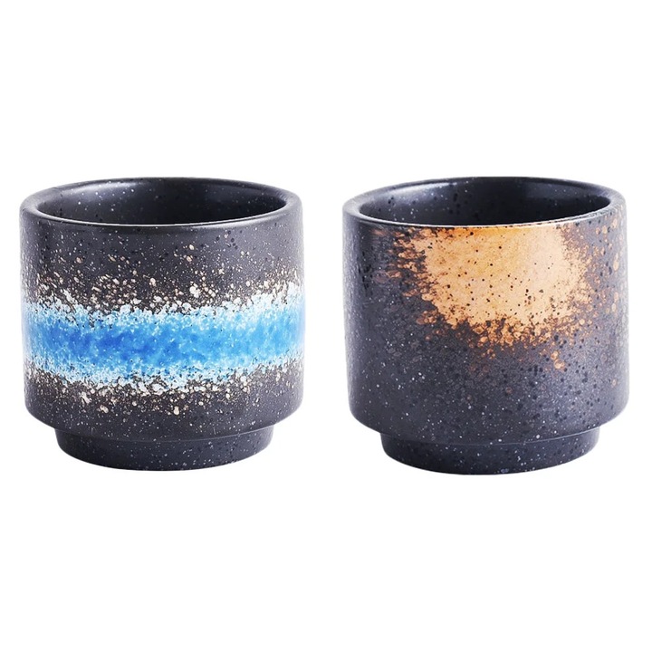 Set de 2 cani de ceai ZYBLSSBB LSM2xh10869-BCS0099939-1, ceramica retro japoneza, Multicolor, 7.5x6.5x6 cm