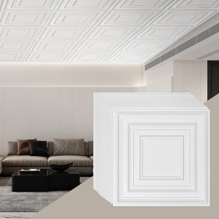 PVC mennyezeti lapok, 12 darabos készlet, méretek 60, 96x60, 96 cm, könnyű telepítés, fehér modell kulccsal