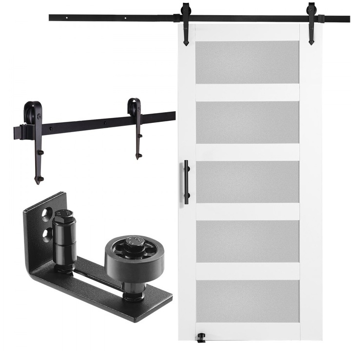 Kit usa si feronerie, model hambar, din lemn si sticla, dimensiune 106.68 cm x 213.36 cm, sistem glisant