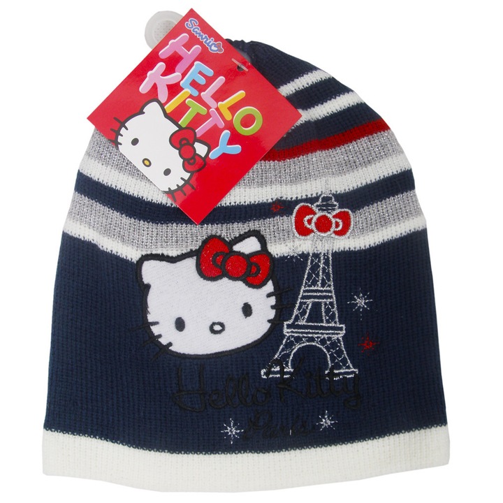 Palarie fibra acrilica, poliester, Hello Kitty, bleumarin, Bleumarin
