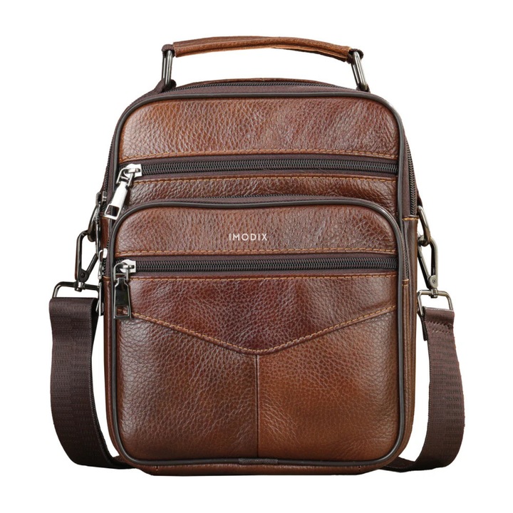 Borseta Barbati De Umar Din Piele Naturala, IMODIX, 6 Compartimente, Curea Ajustabila, 25x19x6 cm, 6042, Maro