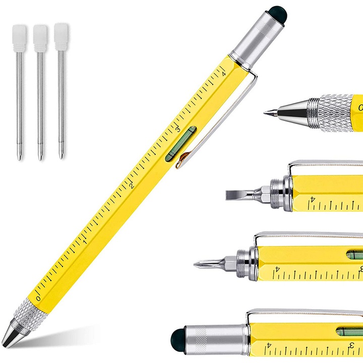 Pix multifunctional cu rigla nivel si stylus, galben, 1.1x15.5cm