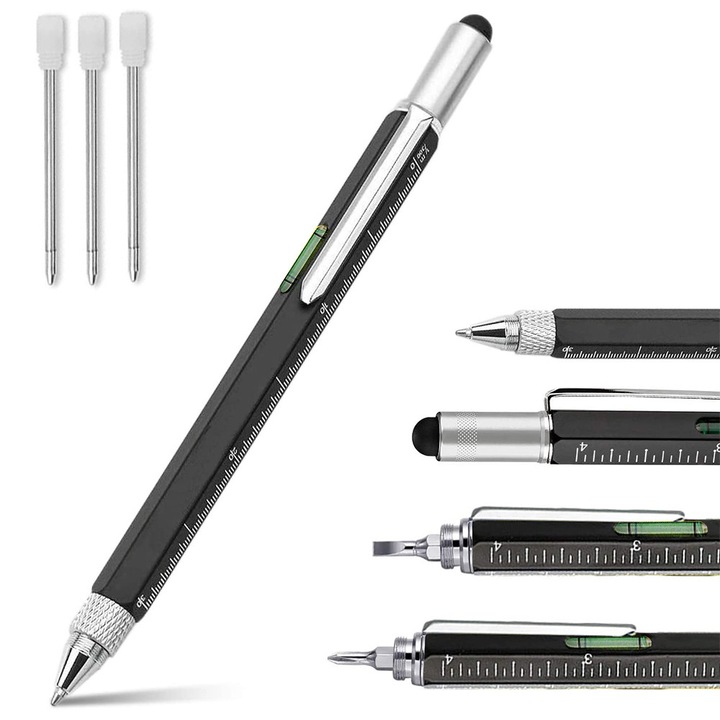 Pix multifunctional cu rigla, nivel, stylus si surubelnite, negru
