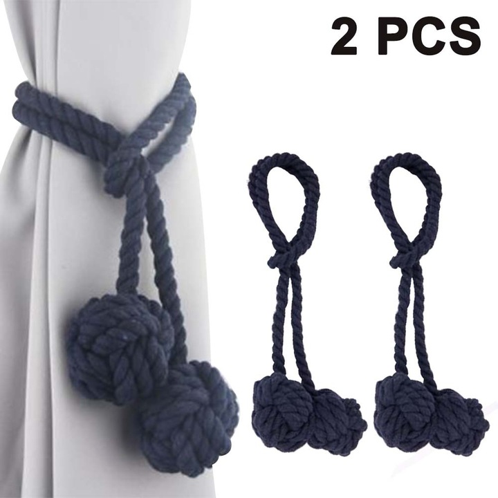 Suport perdea ZYBLSSBB din bumbac, realizat manual, cu bile duble, 117 cm, diametru bile 6,5 cm, cyan, set 2 buc.