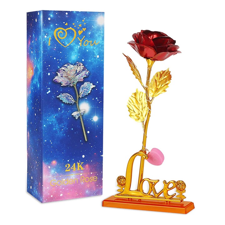 Trandafir decorativ 24K, folie de aur, cu lumina LED, pe suport 'Love', rosu/auriu, 1 buc