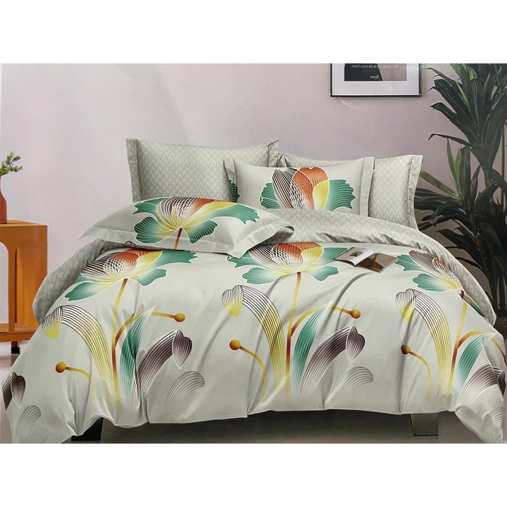 Set Lenjerie de pat din FINET, pentru 2 persoane, 6 piese, Cearceaf de pat 245 x 250 cm, Cearceaf pilota 200 x 230 cm, 2 fete perna 70 x 70 cm, 2 fete perna 55 x 80 cm, Gri Deschis Flori