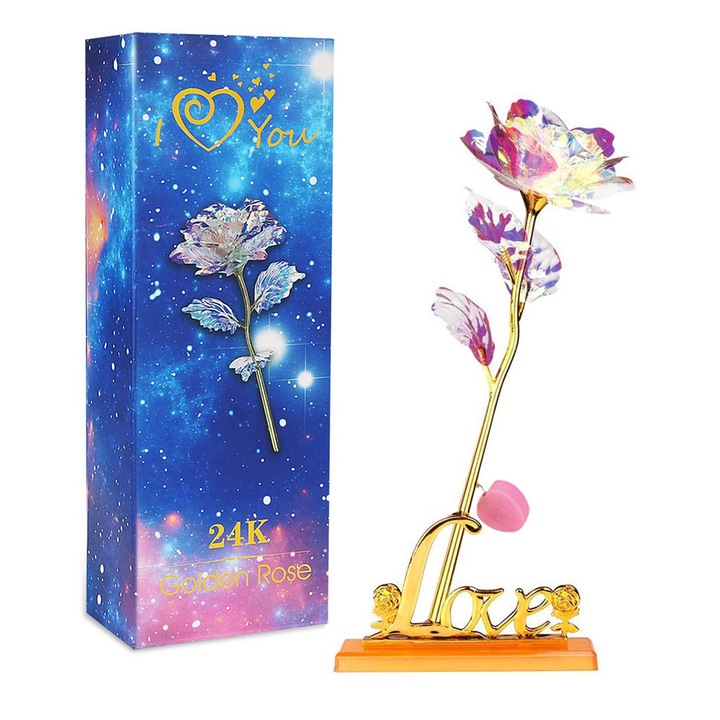Trandafir aurit 24K cu LED, suport inima, 25cm, auriu