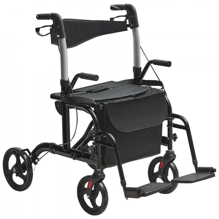 Trombator si scaun de transport pentru varstnici 2 in 1, Suport picioare pliabil, Aluminiu usor, Maner reglabil, Roti adaptabile, Capacitate 136KG