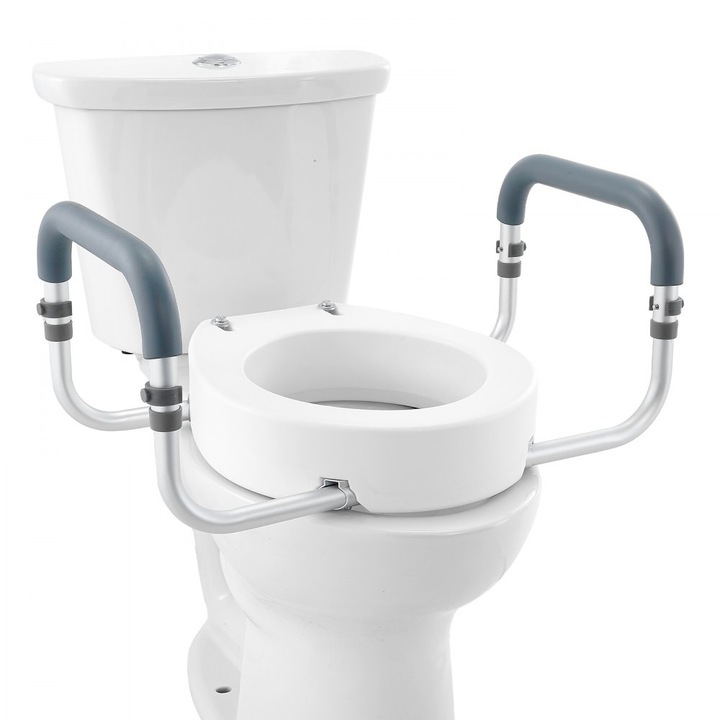 Scaun de toaleta inaltat, inaltime 8.89 cm, capacitate 136 kg, pentru WC standard rotund, balustrada aluminiu, captuseala EVA la cotiere, destinat varstnicilor sau persoanelor cu handicap