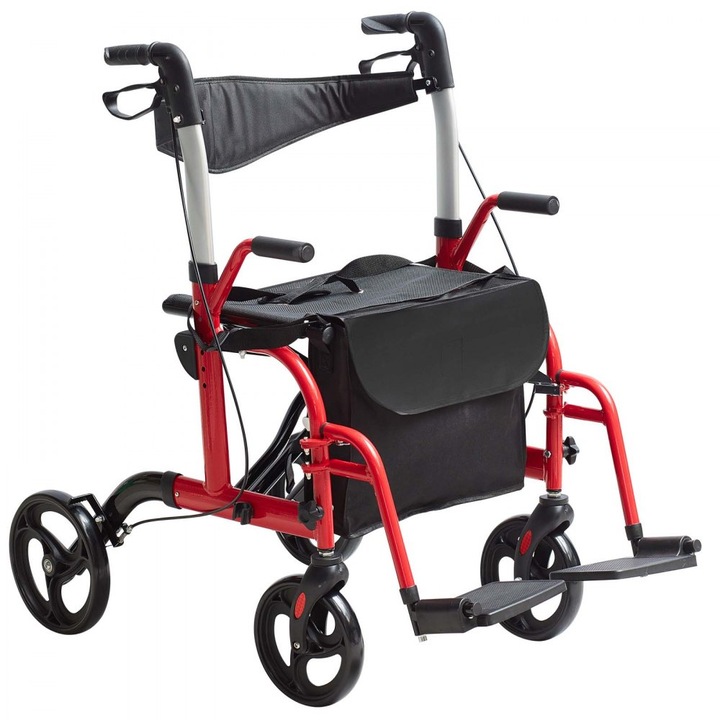 Trombator si scaun de transport 2 in 1 pentru varstnici, model pliabil cu suport de picioare, Cadru din aluminiu usor, Manere reglabile, Roti adaptabile pentru orice teren, Capacitate de 136 KG