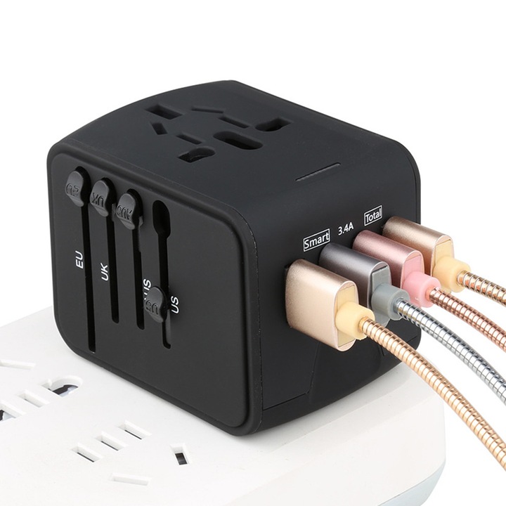 Adaptor de priza universal de calatorie 0805BM-BST3006097, 3×USB-A + 1×USB-C 18W, compatibil EU/UK/US/AU, negru