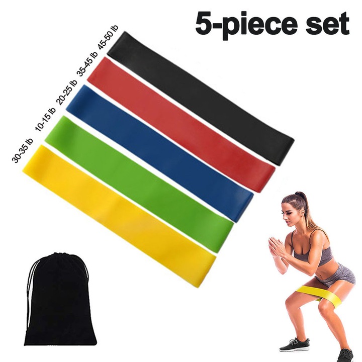 Комплект ластични ленти Enforose, 5 нива на съпротивление, естествен латекс, преносими