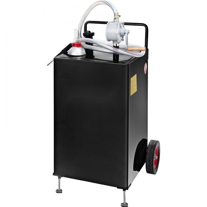 Rezervor Carburant Portabil pe Roti, 30 Gale, Pompa Manuala pentru Transfer, compatibil Diesel, pentru Masini, Utilaje de Tuns Iarba, ATV-uri, Barci, Culoare Negru