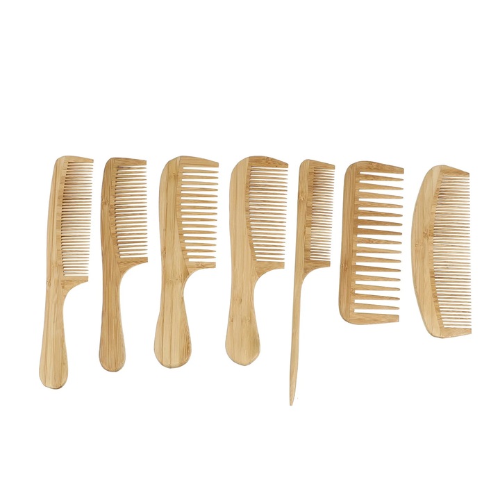 Set 7 piepteni si perii din bambus, albastru, 14.5x5.5x0.7cm