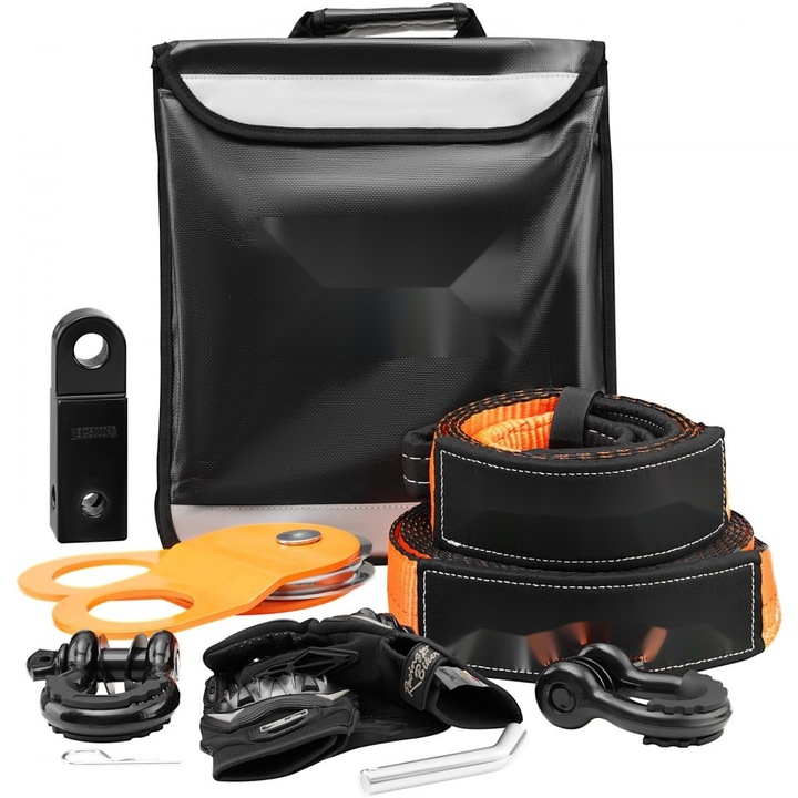 Kit de recuperare off-road, Curele de remorcare 30000 lbs, Catuse cu inel in D 44092 lbs, Receptor de catuse, Scripete de blocare, Manusi, Sac de depozitare, pentru ATV-uri Jeep Truck, 3 x 30'