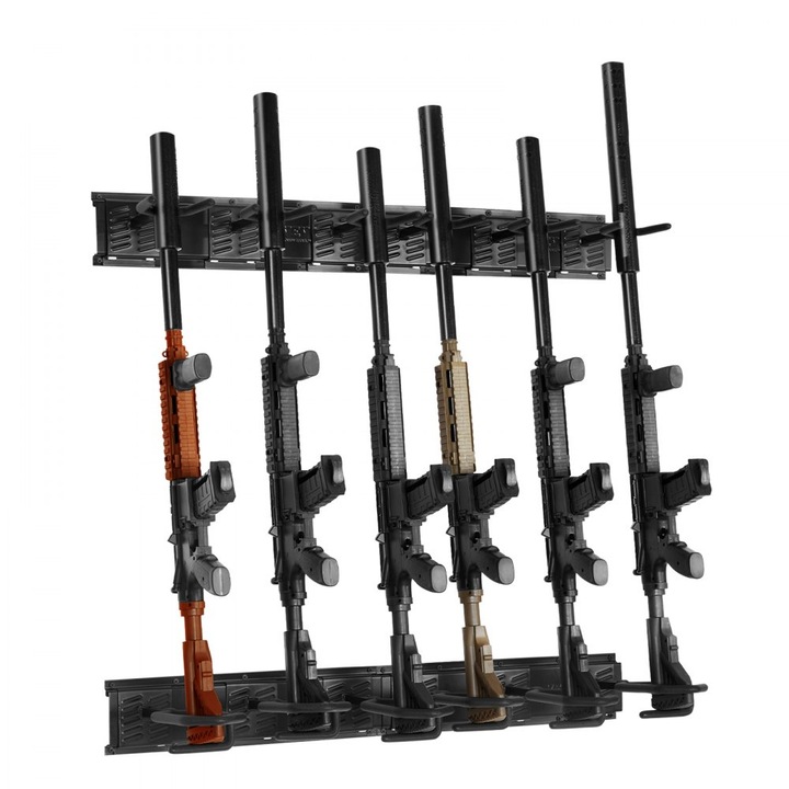 Suport perete pentru pistol, tip interior vertical, 6 fante, constructie metalica durabila, capacitate 81.64 Kg, captuseala moale