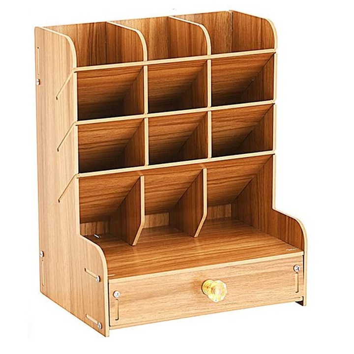 Suport birou pentru papetarie AMRINUGL, 12 compartimente, sertar, din lemn, organizare eficienta