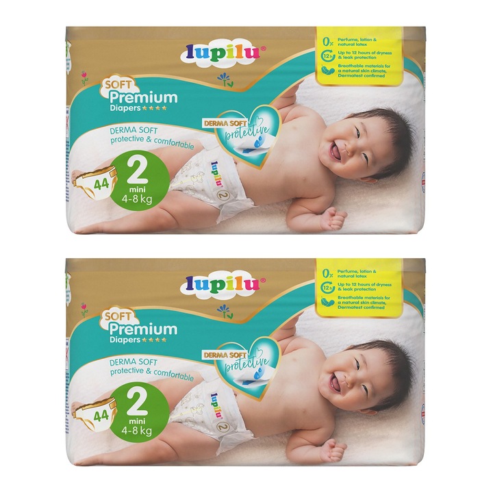 Scutece Lupilu Big Pack, 4-8 kg, Marimea 2, Derma Soft 88 de bucati