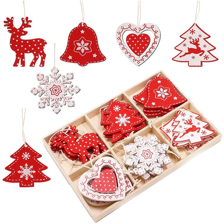 Set de ornamente din lemn de Craciun, ornament din lemn pentru brad de Craciun cu design la moda si dragut, decupaje din lemn, decoratiuni pentru agatat de Craciun pentru decoratiuni interioare, pandantiv pentru brad de Craciun in rosu si alb