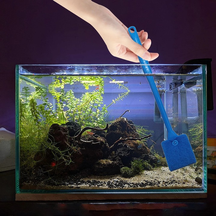 Perie retractabila pentru curatare acvariu, maner lung, albastru, 39x7cm