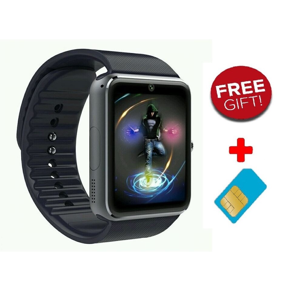 Ceas Smartwatch cu Telefon GT Upgrade cu slot SIM, Slot Card, Notificari Retele sociale, Camera 2MP, Apelare BT, Facebook, Pedometru, Antizgarieturi, Pachet bundle (Ceas + SIM), Aluminium Black