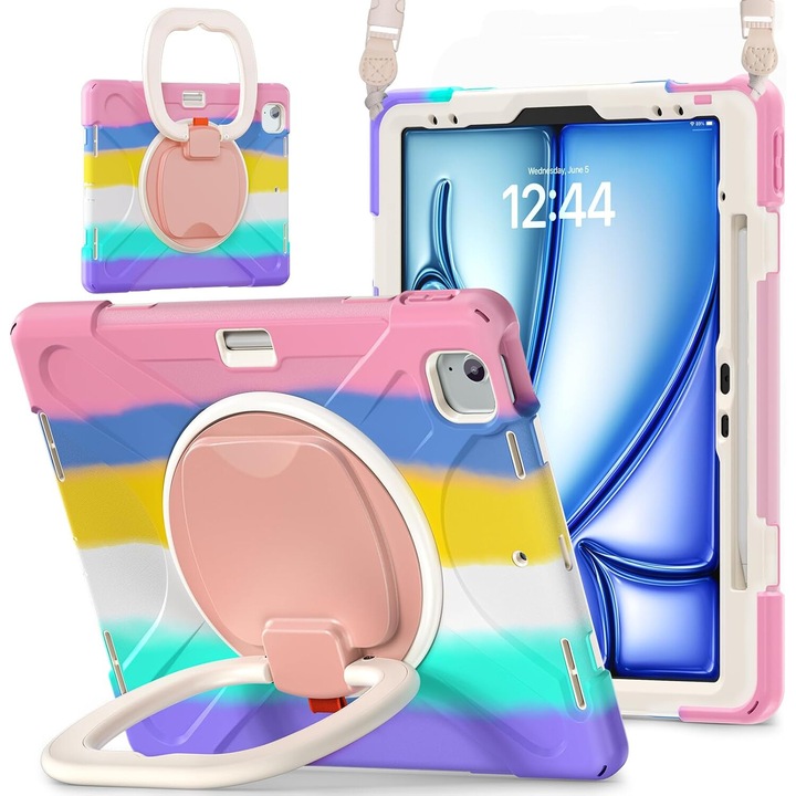 Husa pentru iPad Pro 12.9" cu suport si curea, multicolor, trei straturi, protectie completa