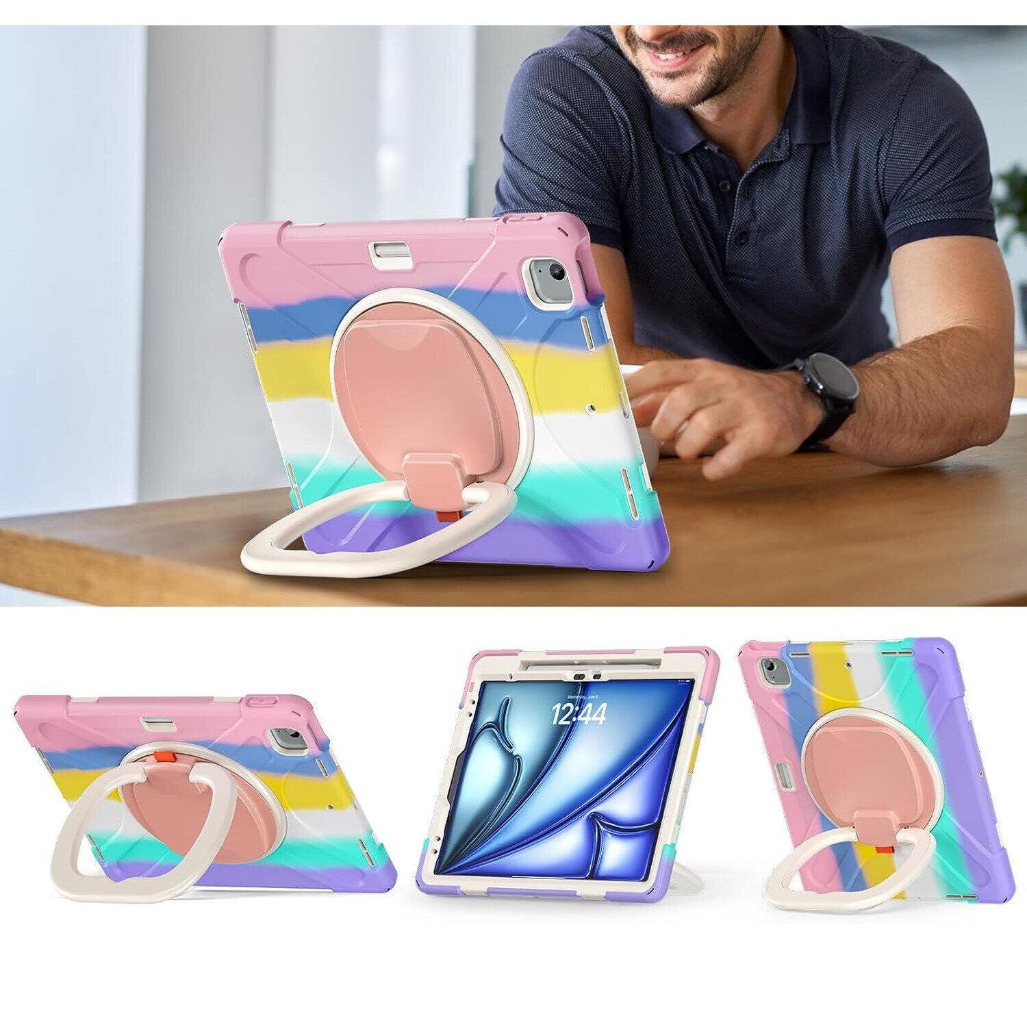 Husa pentru iPad Pro 12.9" cu suport si curea, multicolor, trei straturi, protectie completa