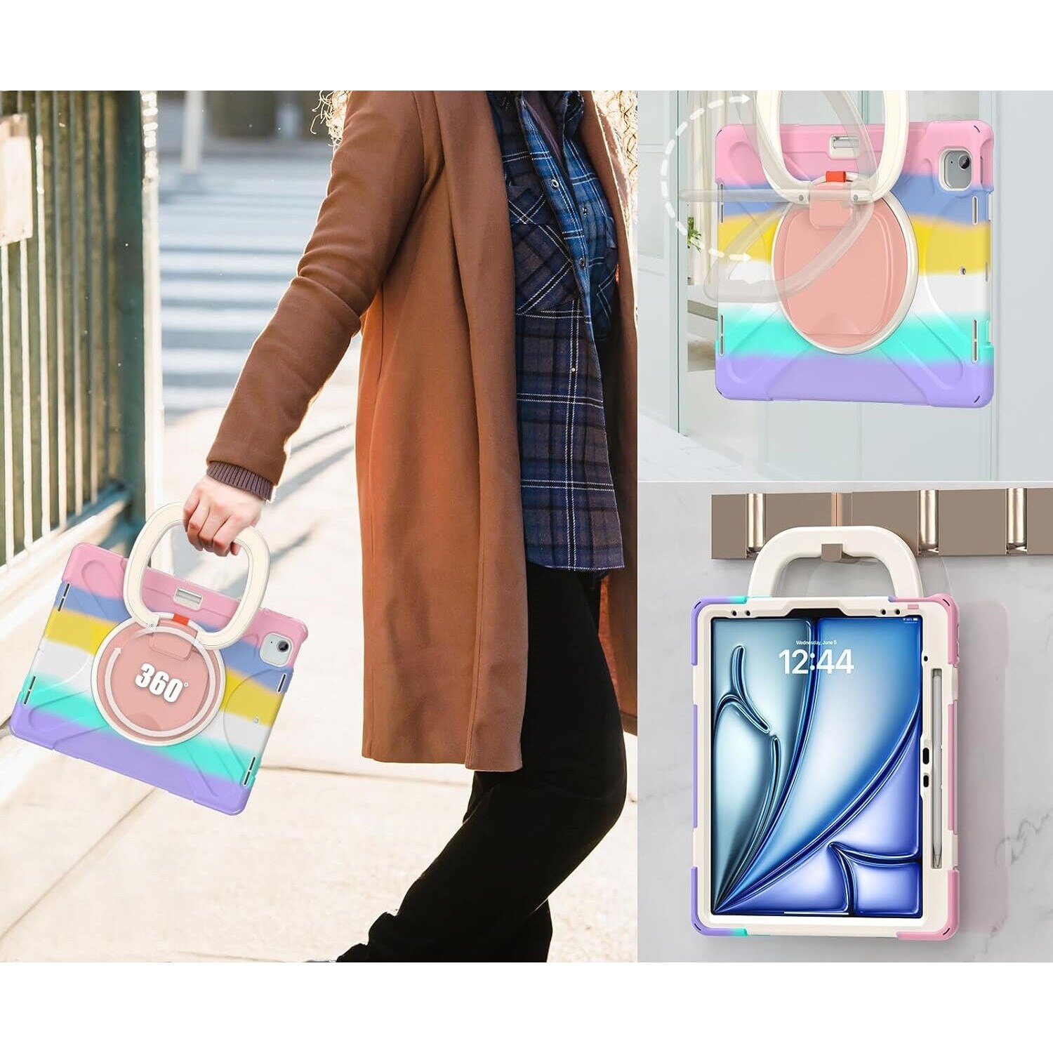 Husa pentru iPad Pro 12.9" cu suport si curea, multicolor, trei straturi, protectie completa