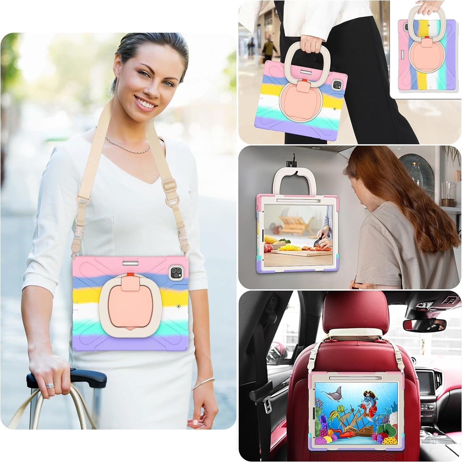 Husa pentru iPad Pro 12.9" cu suport si curea, multicolor, trei straturi, protectie completa