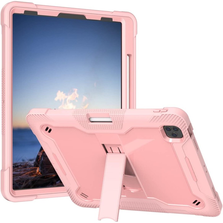 Husa pentru iPad Pro 12.9", roz, cu suport si curea reglabila, trei straturi de protectie