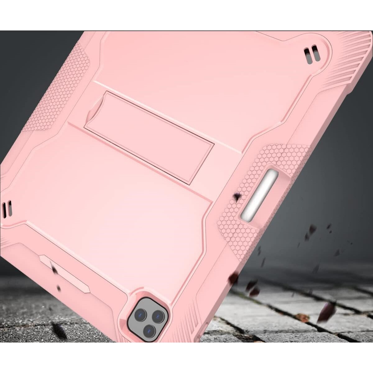 Husa pentru iPad Pro 12.9", roz, cu suport si curea reglabila, trei straturi de protectie