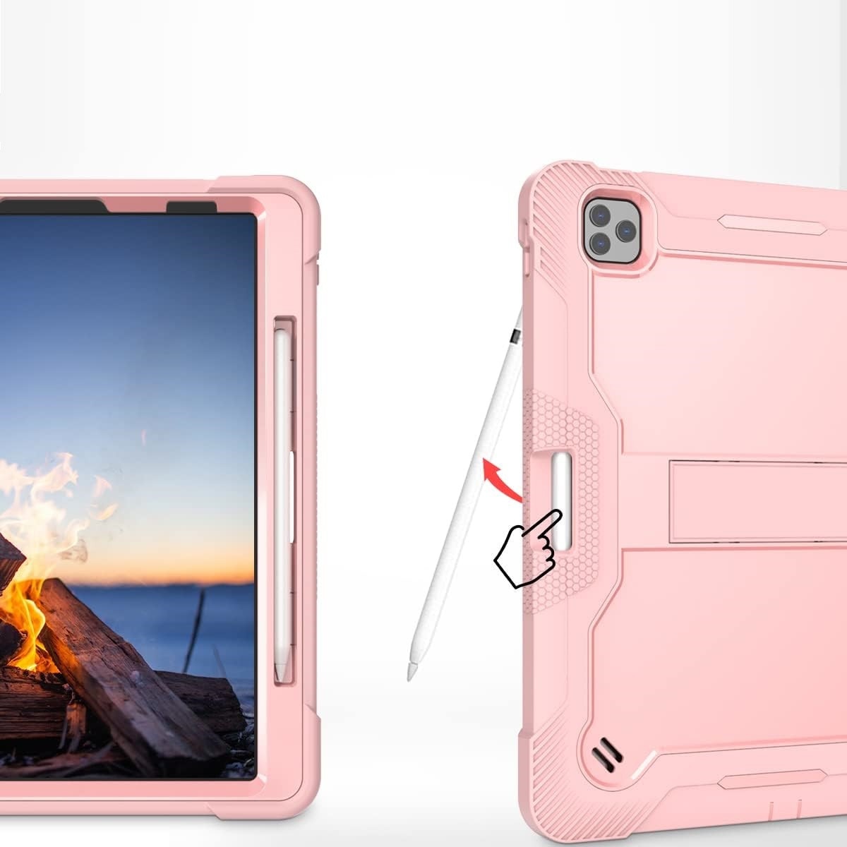 Husa pentru iPad Pro 12.9", roz, cu suport si curea reglabila, trei straturi de protectie