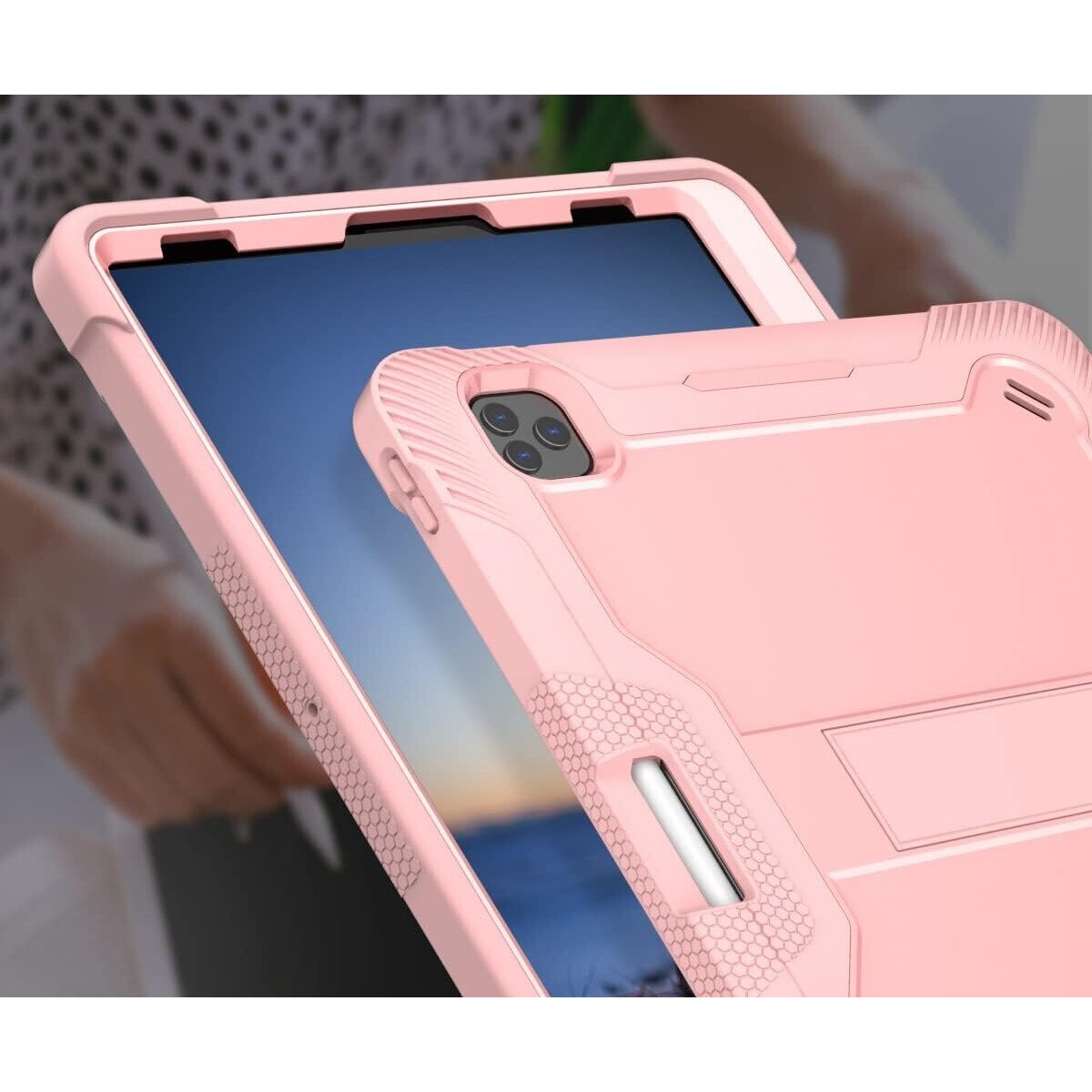 Husa pentru iPad Pro 12.9", roz, cu suport si curea reglabila, trei straturi de protectie