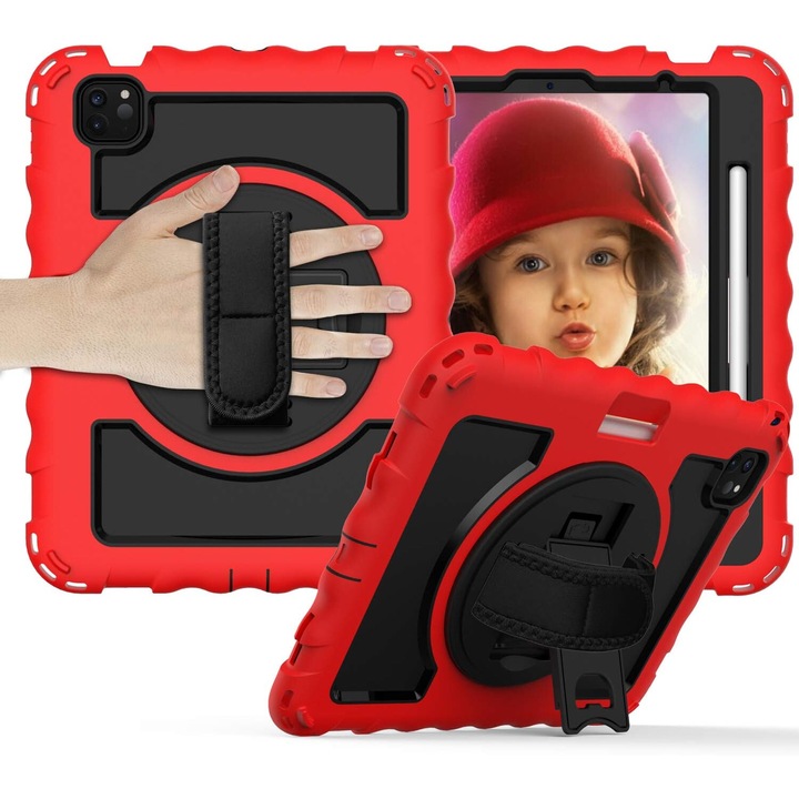 Husa tableta iPad 11" cu suport si curea, rosu, trei straturi, protectie maxima