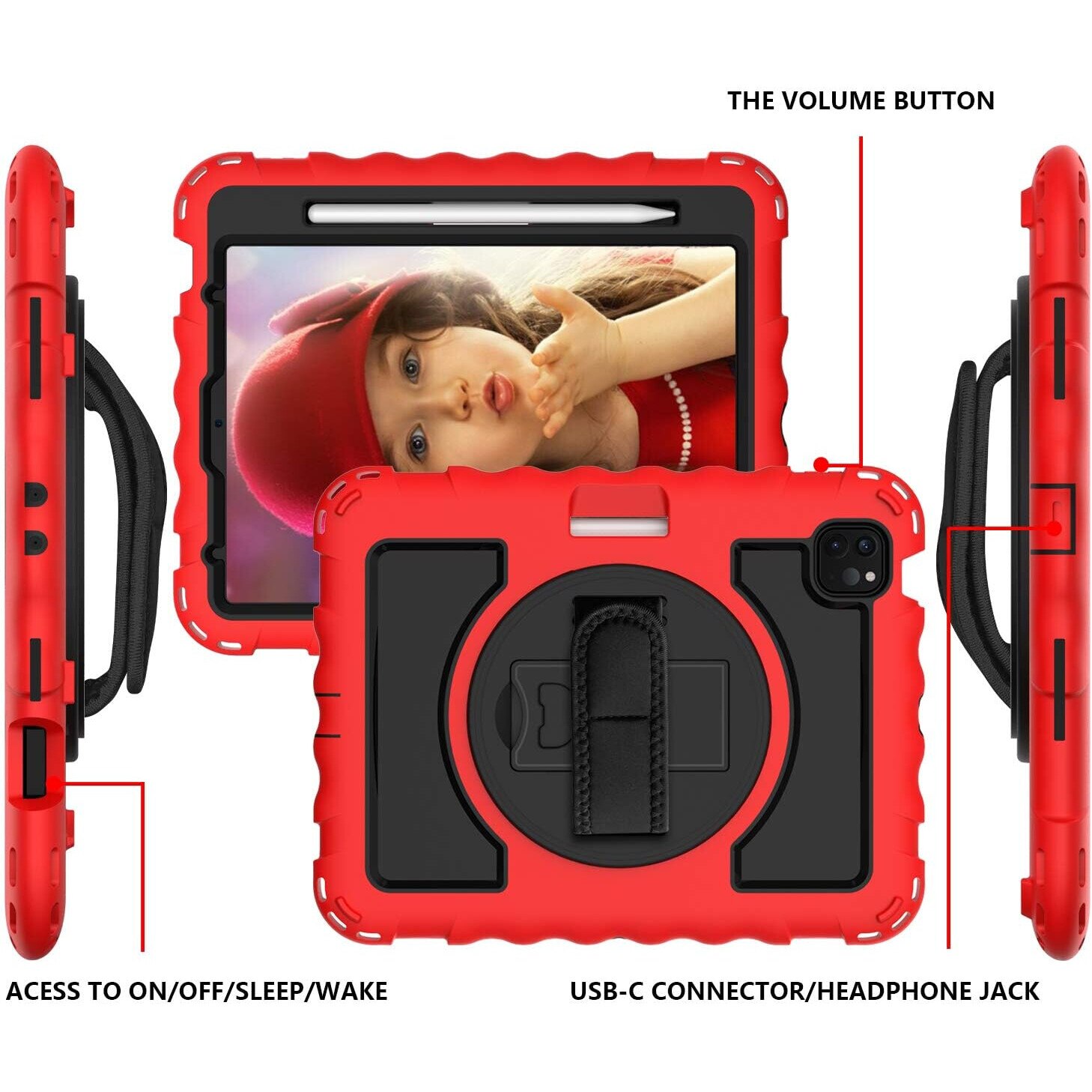 Husa tableta iPad 11" cu suport si curea, rosu, trei straturi, protectie maxima