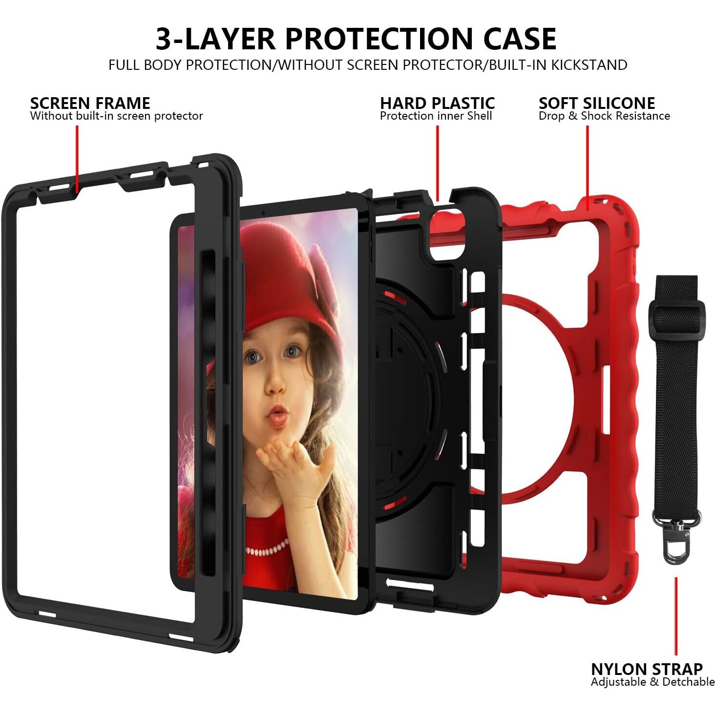 Husa tableta iPad 11" cu suport si curea, rosu, trei straturi, protectie maxima
